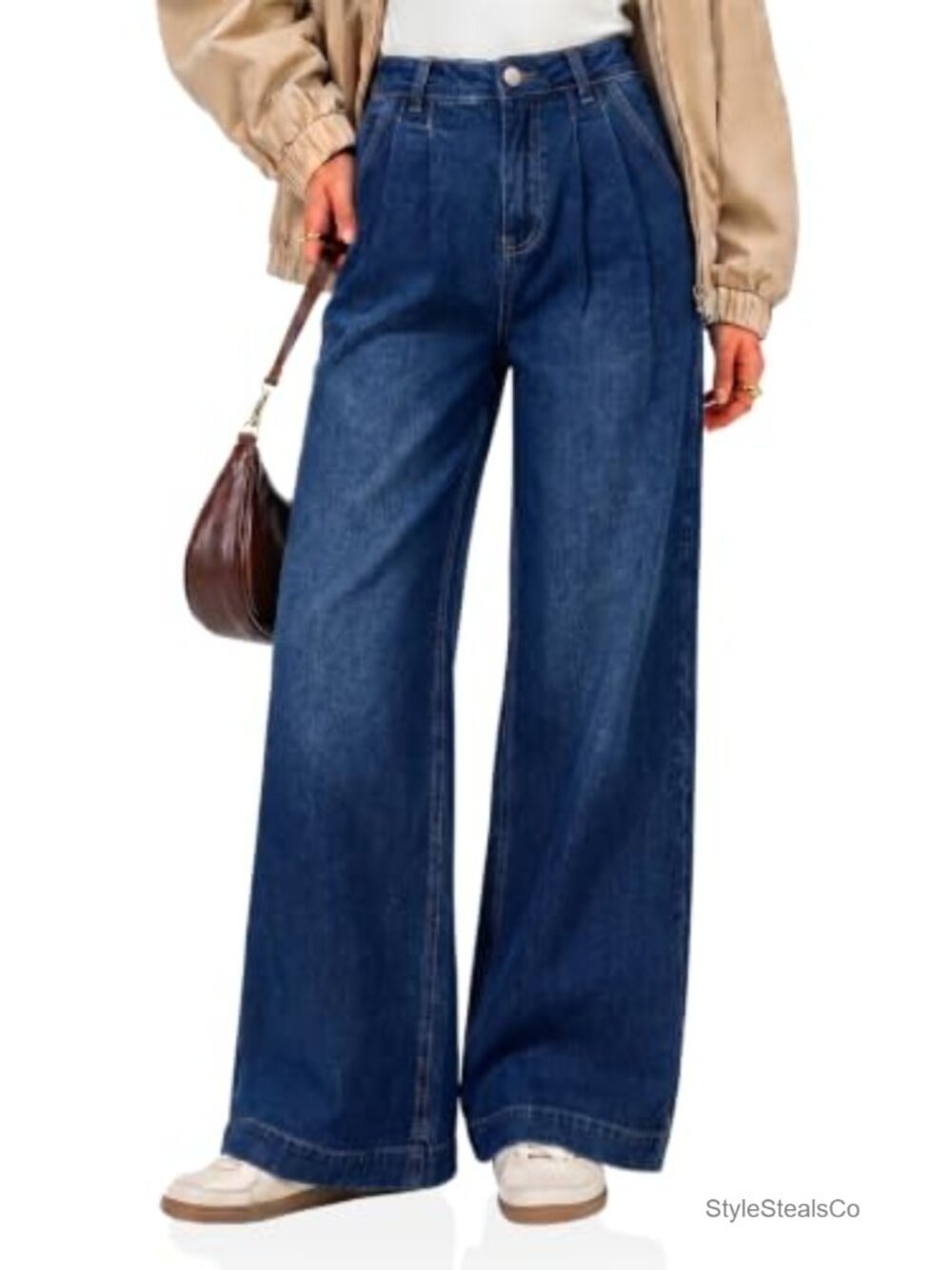 Womens Wide Leg Baggy Pleated High Waisted Stretchy Denim Jeans Pants